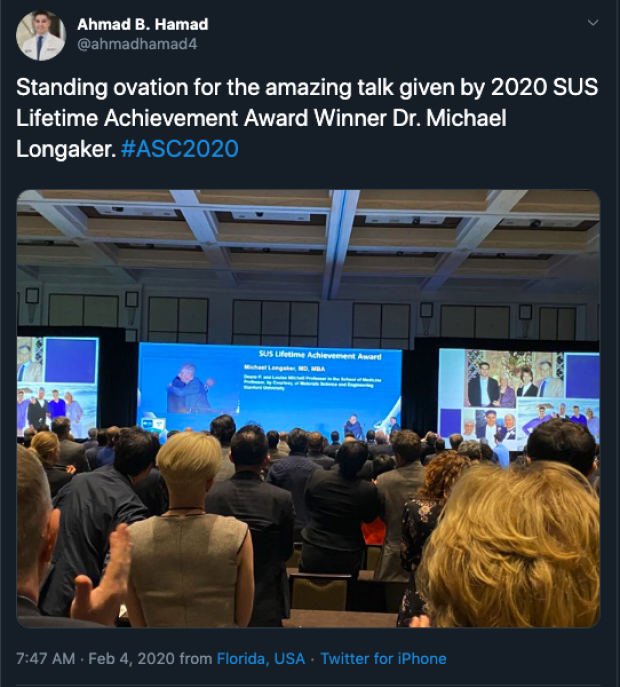 Tweet of Dr. Longaker receiving SUS Lifetime Achievement Award